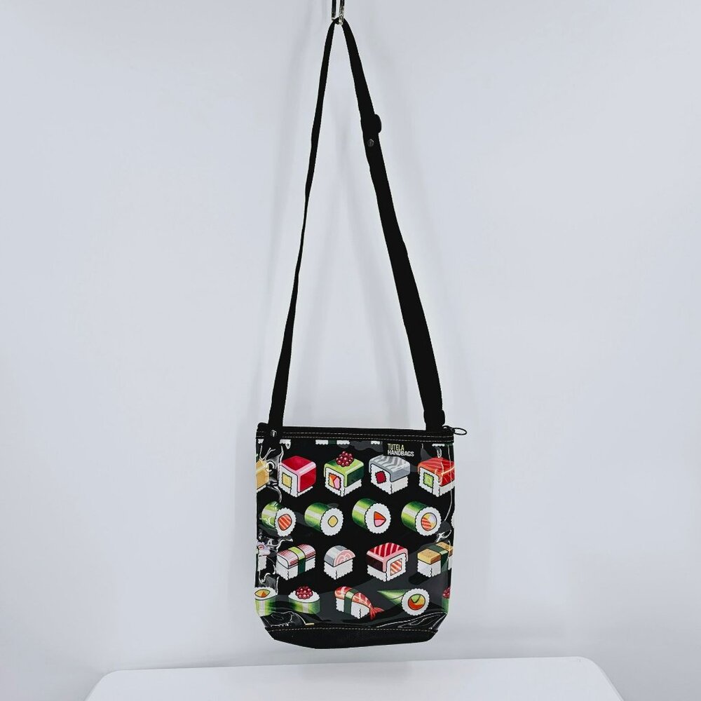 Tutela Nina Crossbody Bag Black Colorful Sushi Print Novelty Lightweight Vinyl